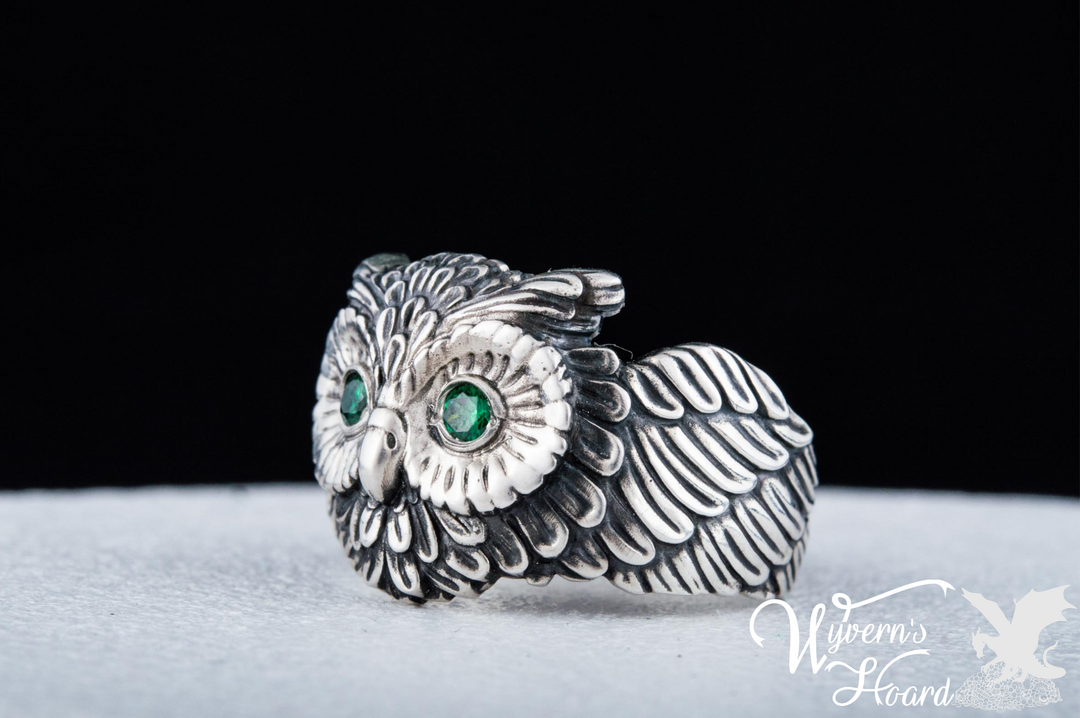 Bejeweled Owl Sterling Silver Ring - Wyvern's Hoard