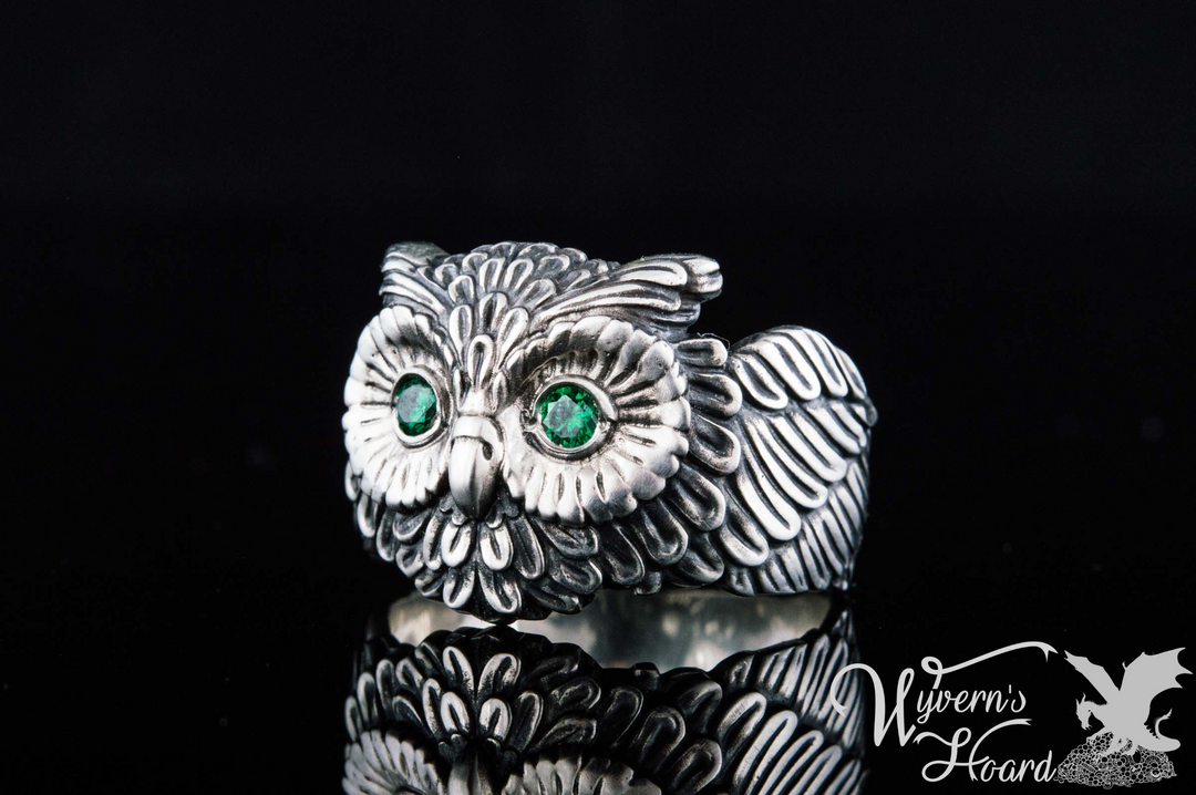 Bejeweled Owl Sterling Silver Ring - Wyvern's Hoard