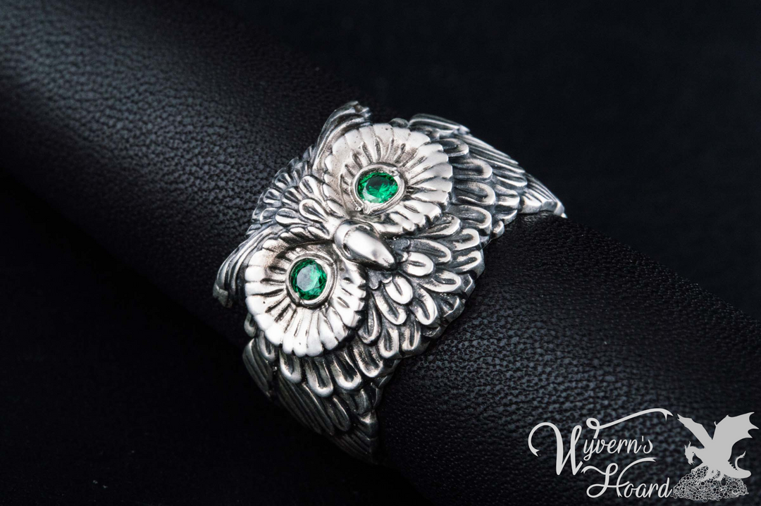 Bejeweled Owl Sterling Silver Ring - Wyvern's Hoard