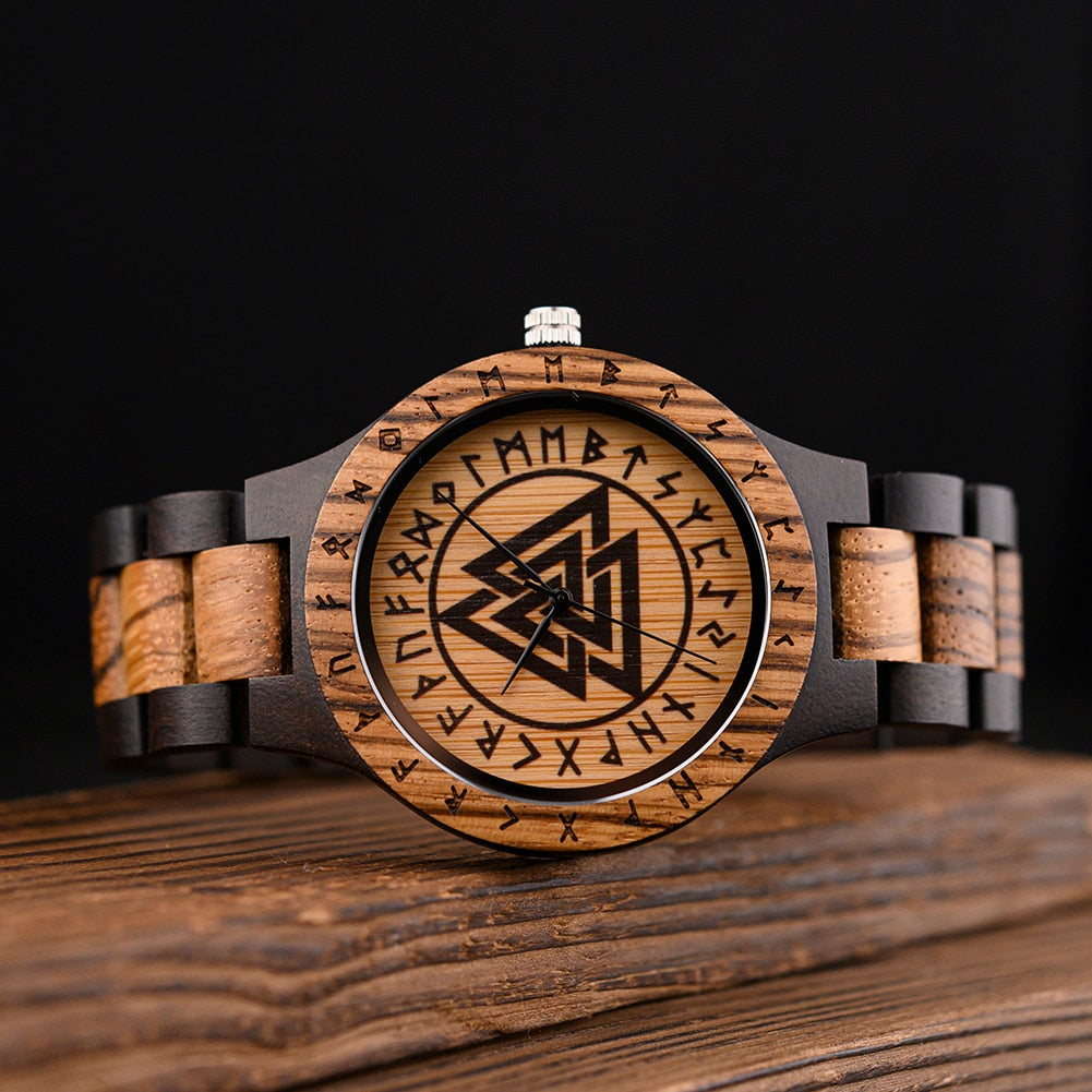 Valknut & Elder Futhark Runes Wooden Watch
