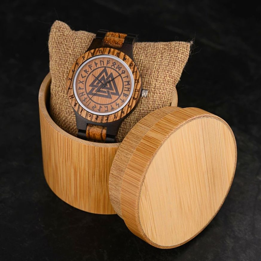 Valknut & Elder Futhark Runes Wooden Watch