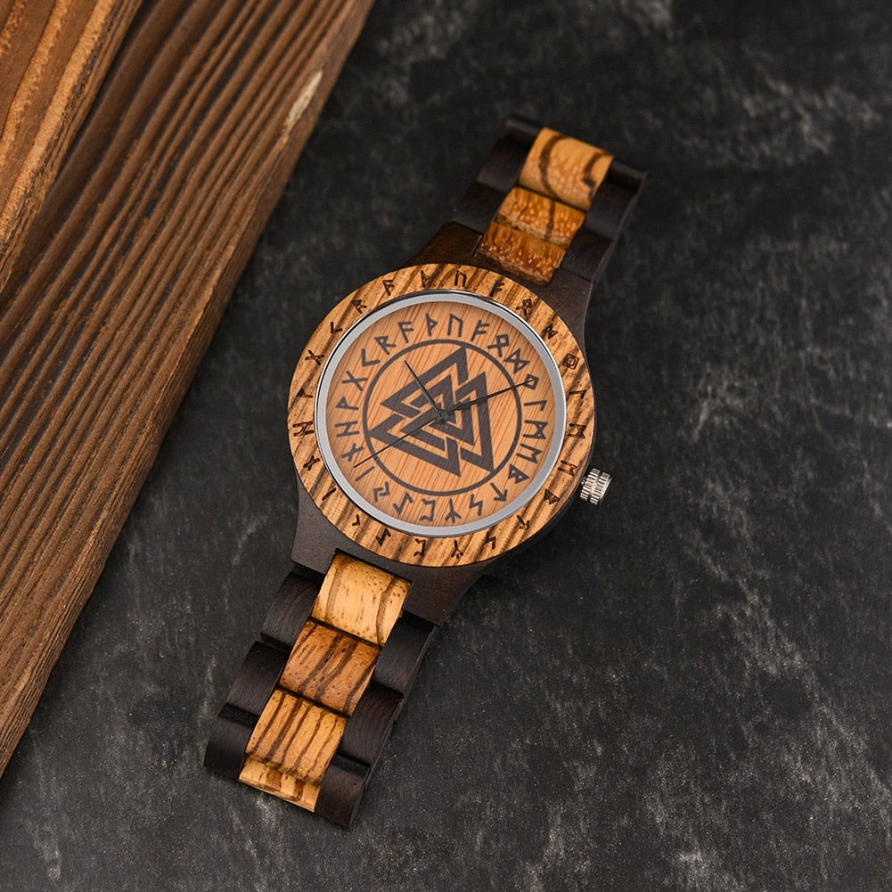 Valknut & Elder Futhark Runes Wooden Watch