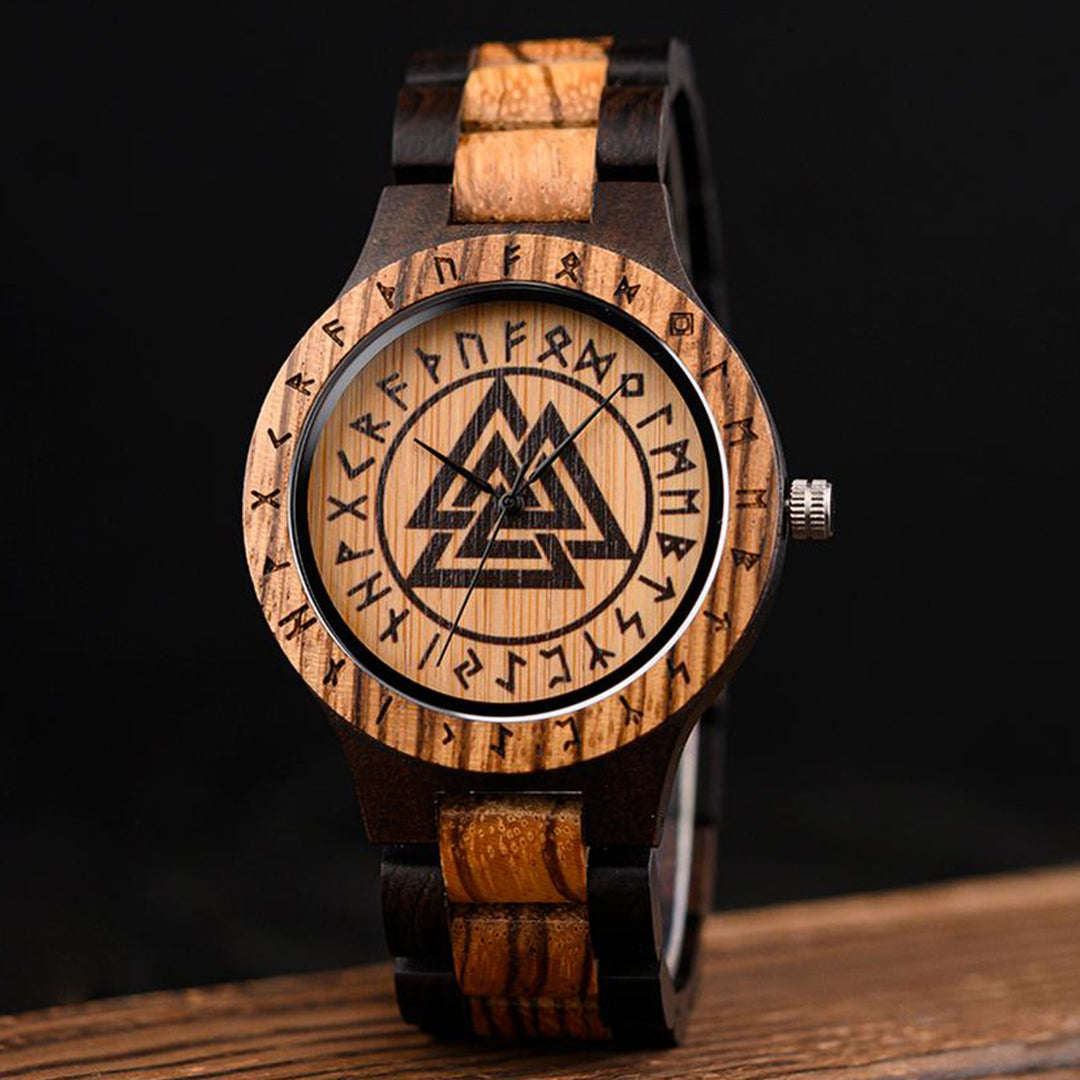Valknut & Elder Futhark Runes Wooden Watch