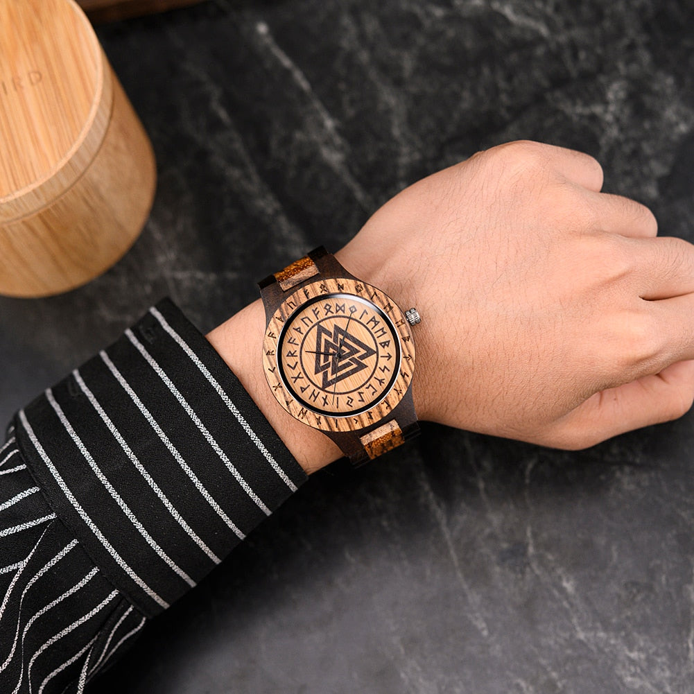 Valknut & Elder Futhark Runes Wooden Watch
