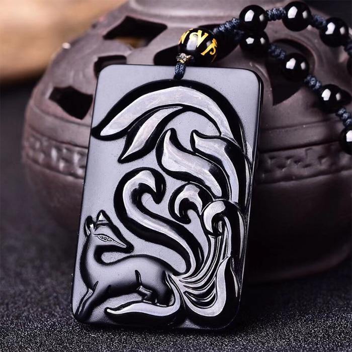 Carved Black Obsidian Nine-Tailed Fox Necklace - Wyvern's Hoard