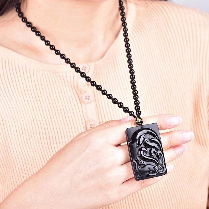 Carved Black Obsidian Nine-Tailed Fox Necklace - Wyvern's Hoard