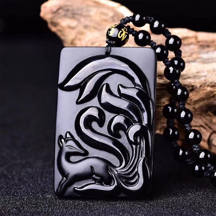 Carved Black Obsidian Nine-Tailed Fox Necklace - Wyvern's Hoard