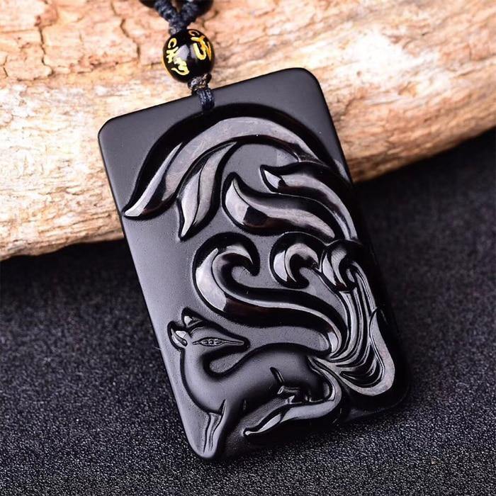 Carved Black Obsidian Nine-Tailed Fox Necklace - Wyvern's Hoard