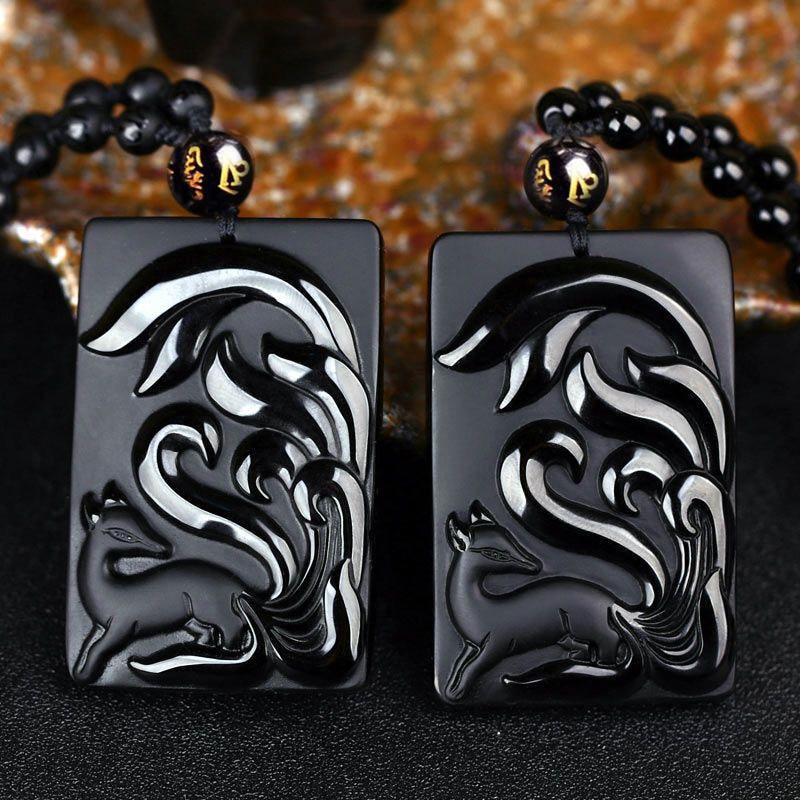 Carved Black Obsidian Nine-Tailed Fox Necklace - Wyvern's Hoard