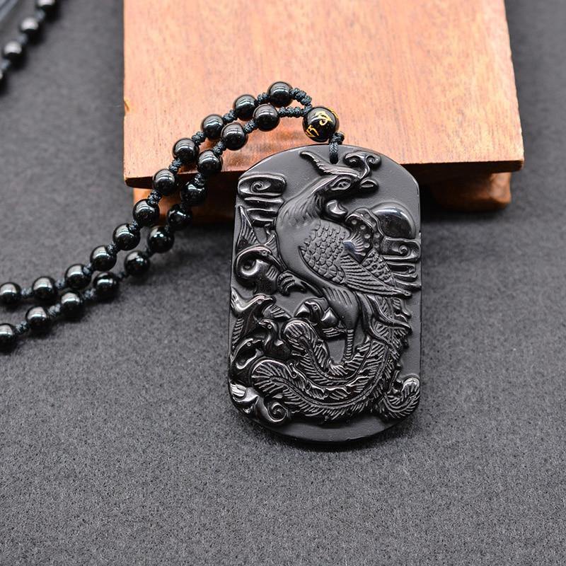 Carved Black Obsidian Phoenix Necklace - Wyvern's Hoard