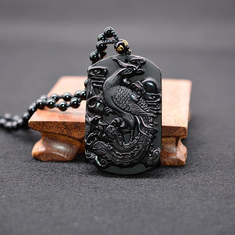 Carved Black Obsidian Phoenix Necklace - Wyvern's Hoard