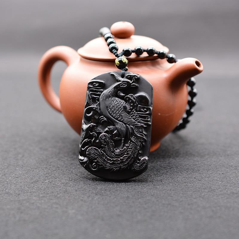 Carved Black Obsidian Phoenix Necklace - Wyvern's Hoard