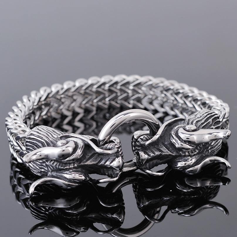 Double Dragon Heads Stainless Steel Bracelet - Wyvern's Hoard