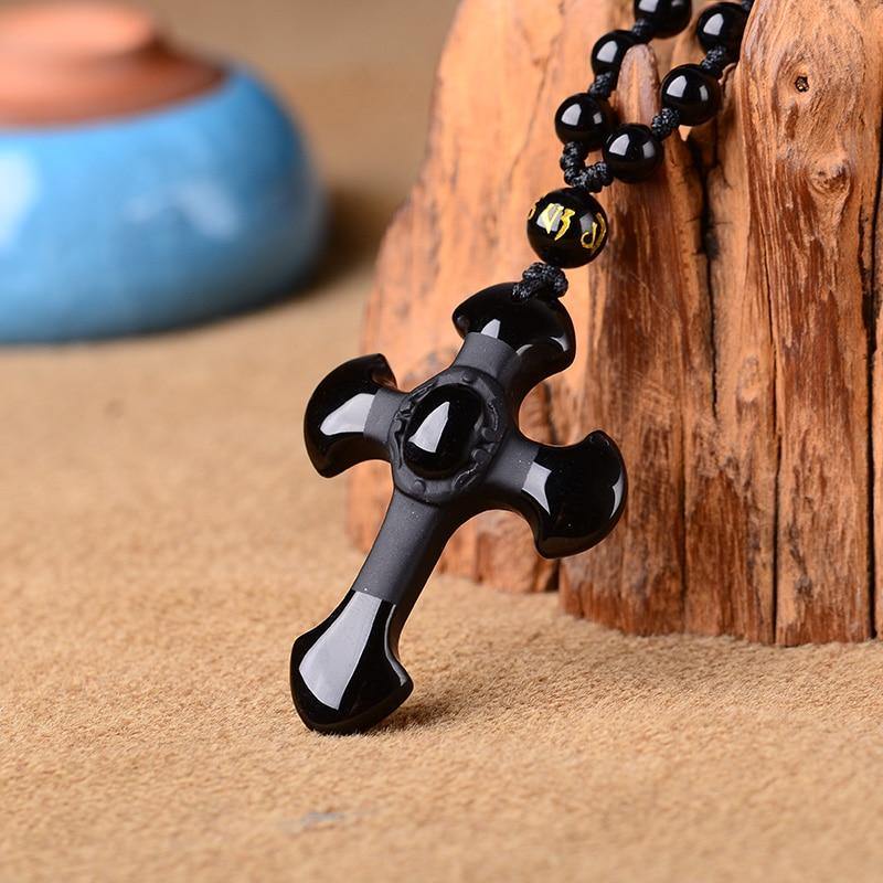 Carved Obsidian Cross Necklace - Wyvern's Hoard