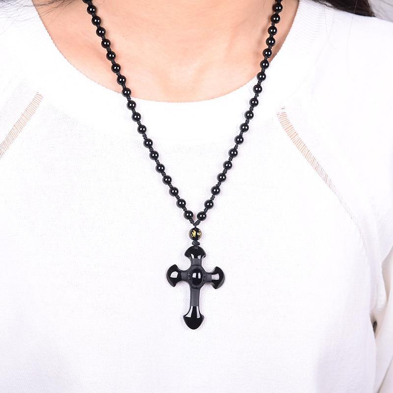 Carved Obsidian Cross Necklace - Wyvern's Hoard