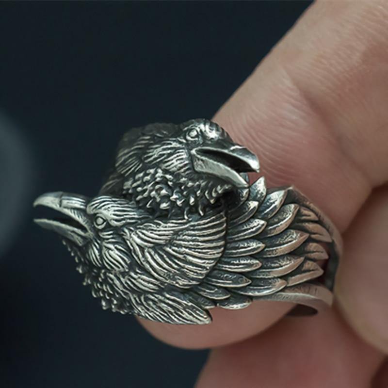 Huginn & Muninn Raven Head Ring - Wyvern's Hoard