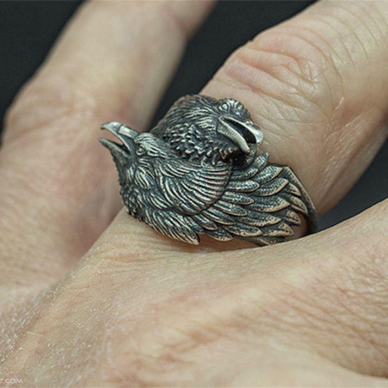 Huginn & Muninn Raven Head Ring - Wyvern's Hoard