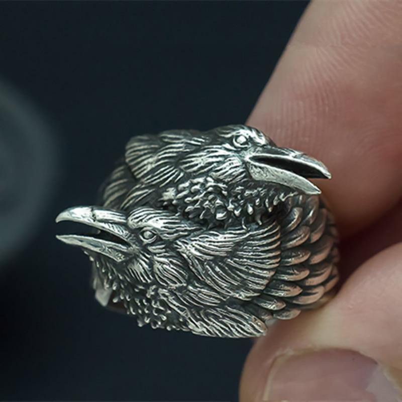 Huginn & Muninn Raven Head Ring - Wyvern's Hoard