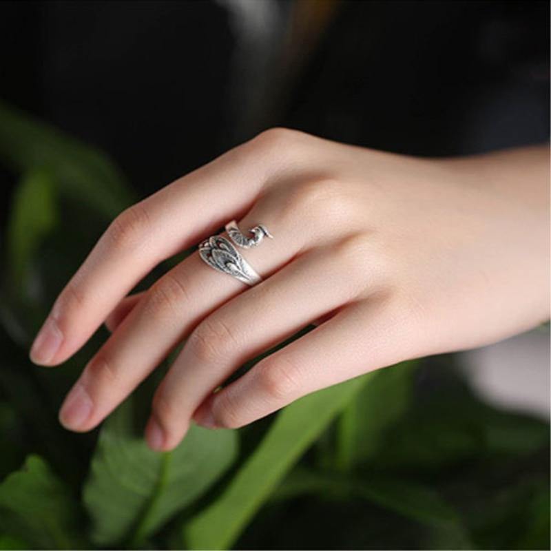 Jubilant Silver Peacock Ring - Wyvern's Hoard