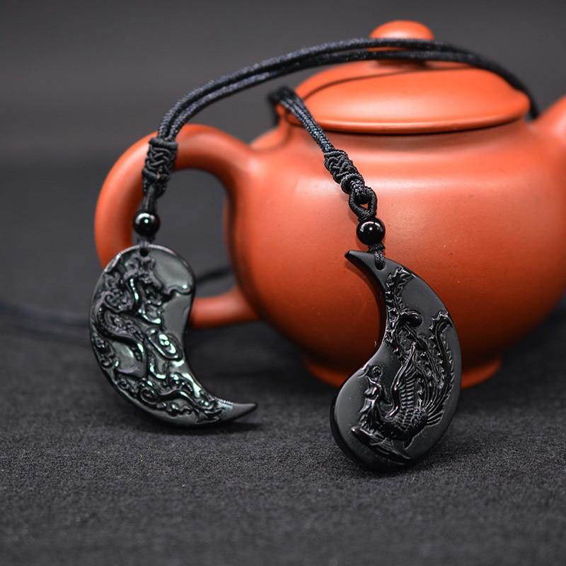 Obsidian Dragon & Phoenix Couple Necklaces - Wyvern's Hoard