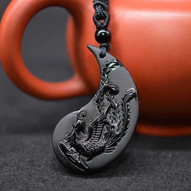Obsidian Dragon & Phoenix Couple Necklaces - Wyvern's Hoard