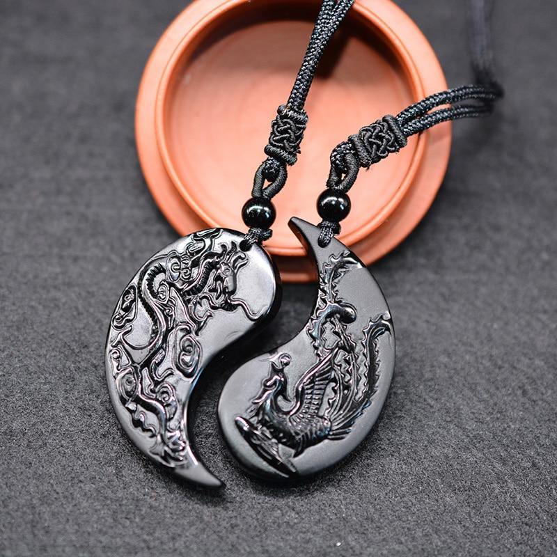 Obsidian Dragon & Phoenix Couple Necklaces - Wyvern's Hoard