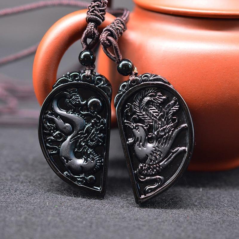 Obsidian Dragon & Phoenix Couple Necklaces - Wyvern's Hoard