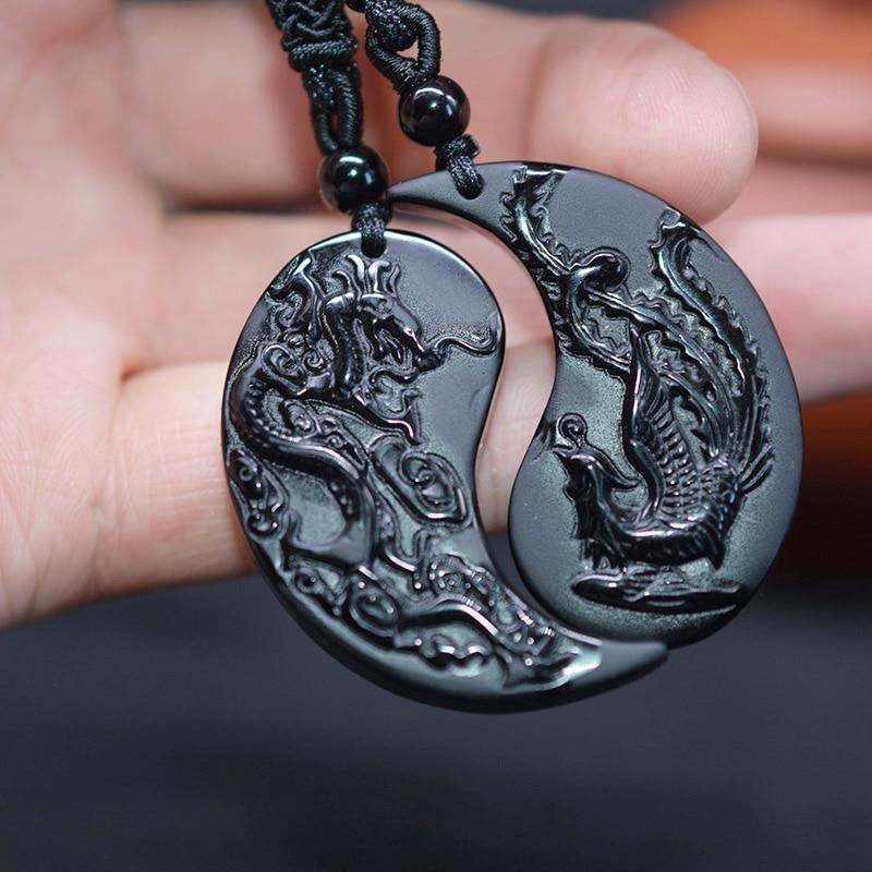 Obsidian Dragon & Phoenix Couple Necklaces - Wyvern's Hoard
