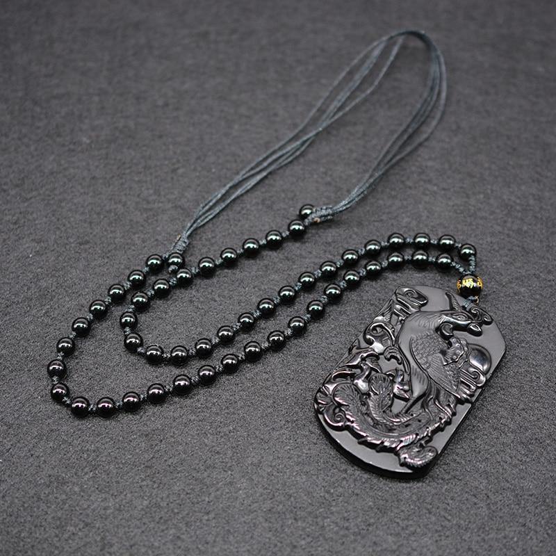 Carved Black Obsidian Phoenix Necklace - Wyvern's Hoard