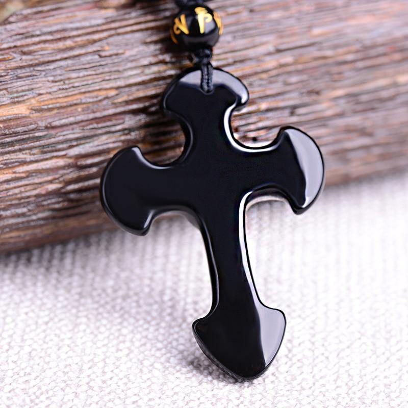 Carved Obsidian Cross Necklace - Wyvern's Hoard