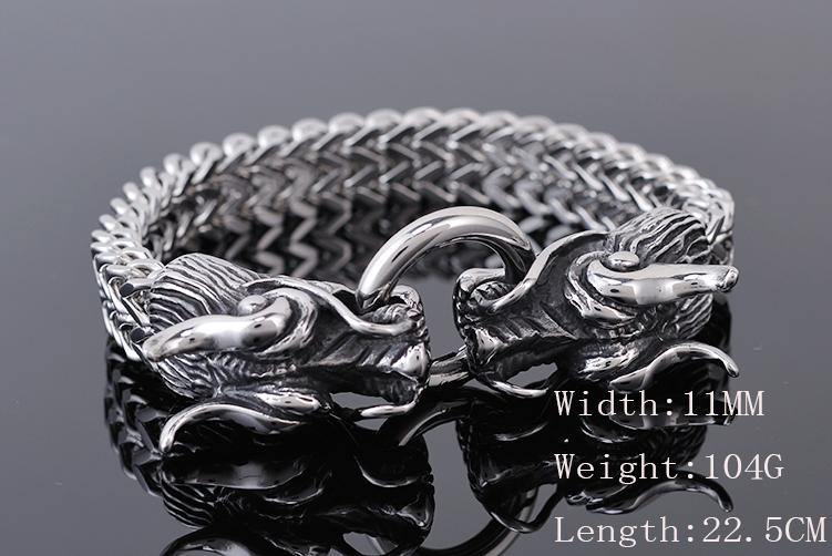 Double Dragon Heads Stainless Steel Bracelet - Wyvern's Hoard