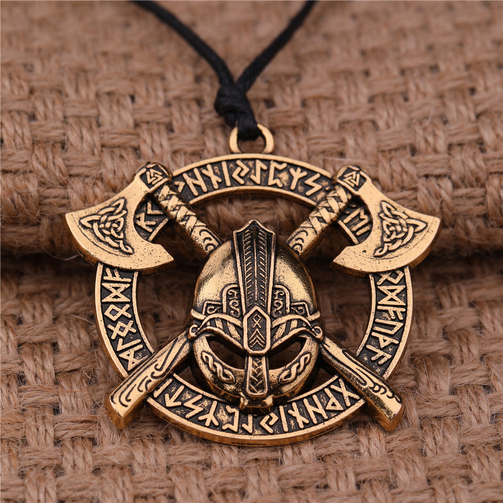 Battle-Worn Viking Battleaxes & Helmet with Runes Necklace