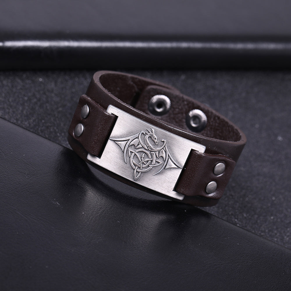 Celtic Wyvern Triquetra Leather Bracelet