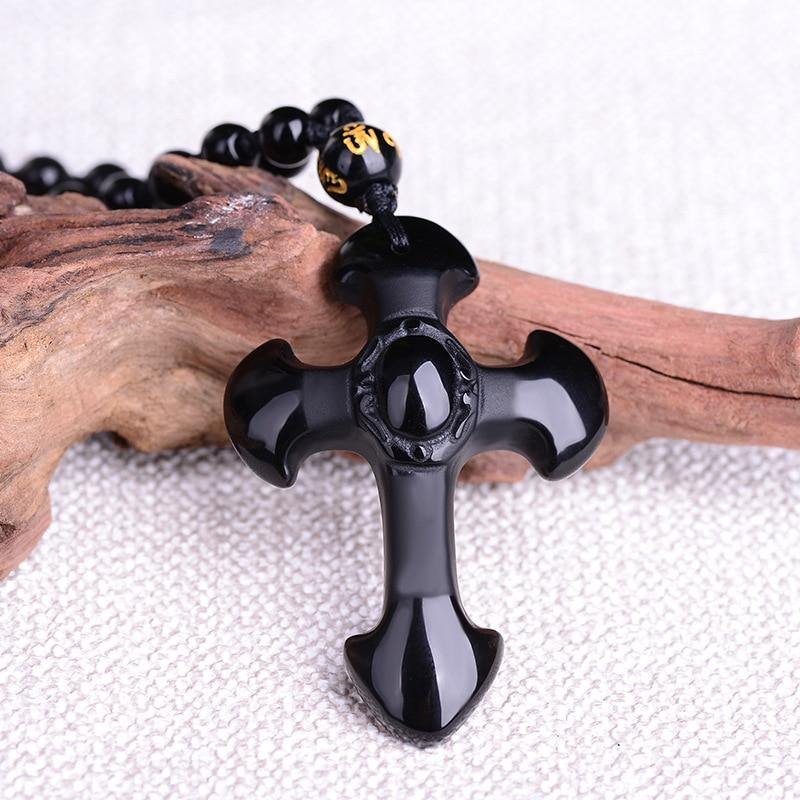 Carved Obsidian Cross Necklace - Wyvern's Hoard