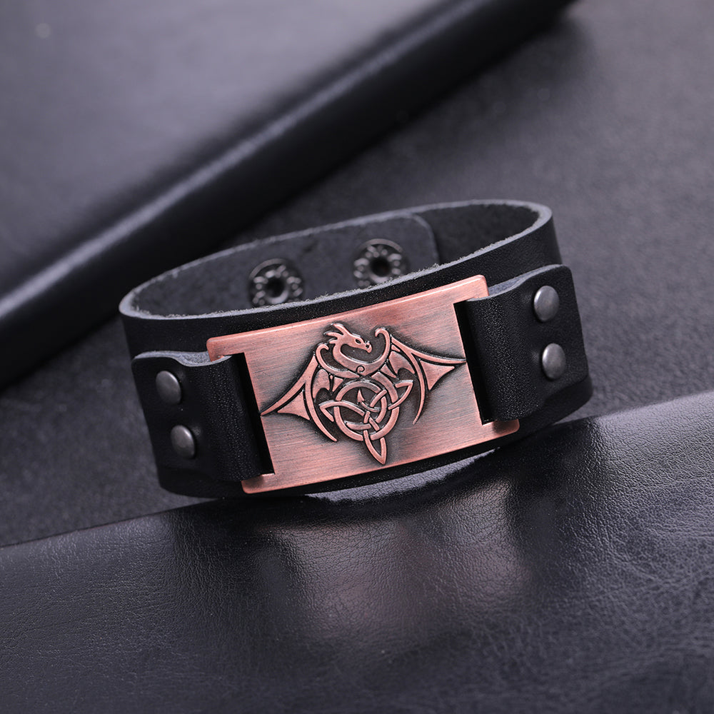 Celtic Wyvern Triquetra Leather Bracelet