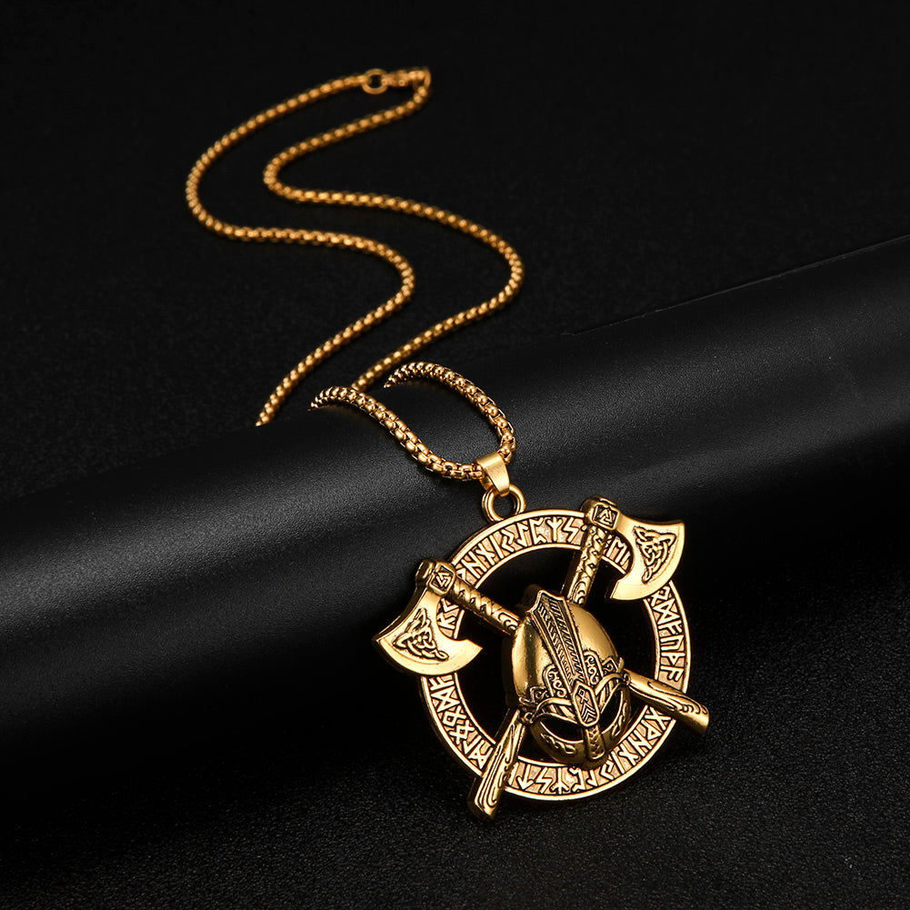 Battle-Worn Viking Battleaxes & Helmet with Runes Necklace
