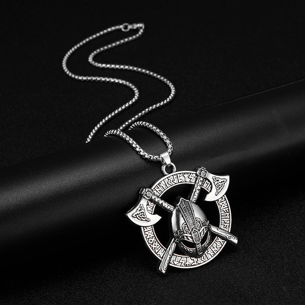 Battle-Worn Viking Battleaxes & Helmet with Runes Necklace