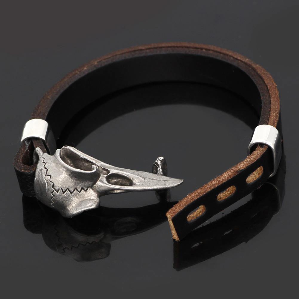 Raven Skull Leather Bracelet - Wyvern's Hoard