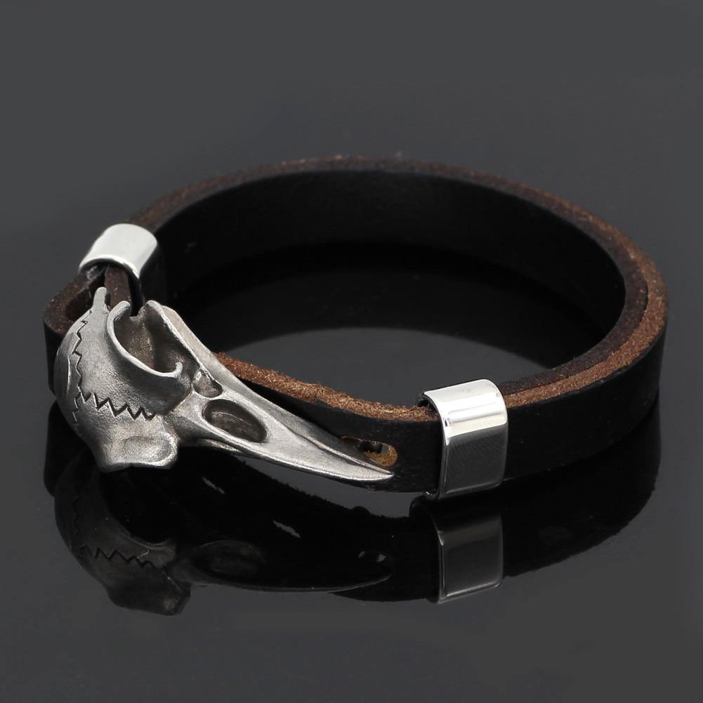 Raven Skull Leather Bracelet - Wyvern's Hoard