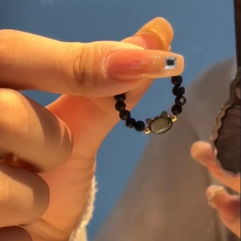 Obsidian & Moonstone Cat Resizeable Bead Rings
