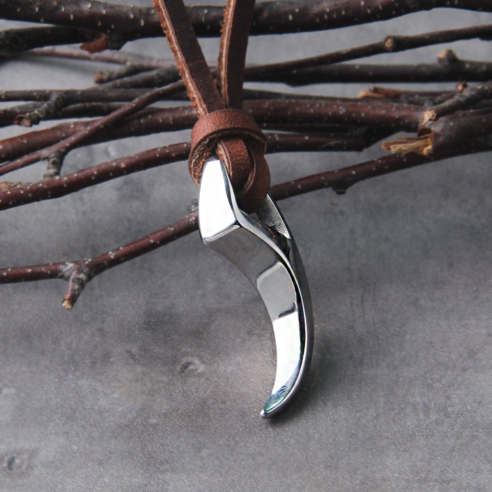 Steel & Leather Wolf Fang Necklace