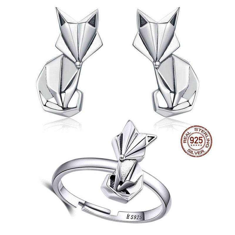 Origami Fox Sterling Silver Ring and Earrings Set