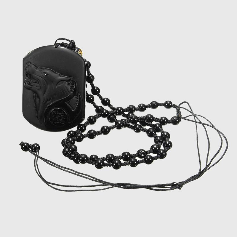 Carved Black Obsidian Wolf Necklace - Wyvern's Hoard