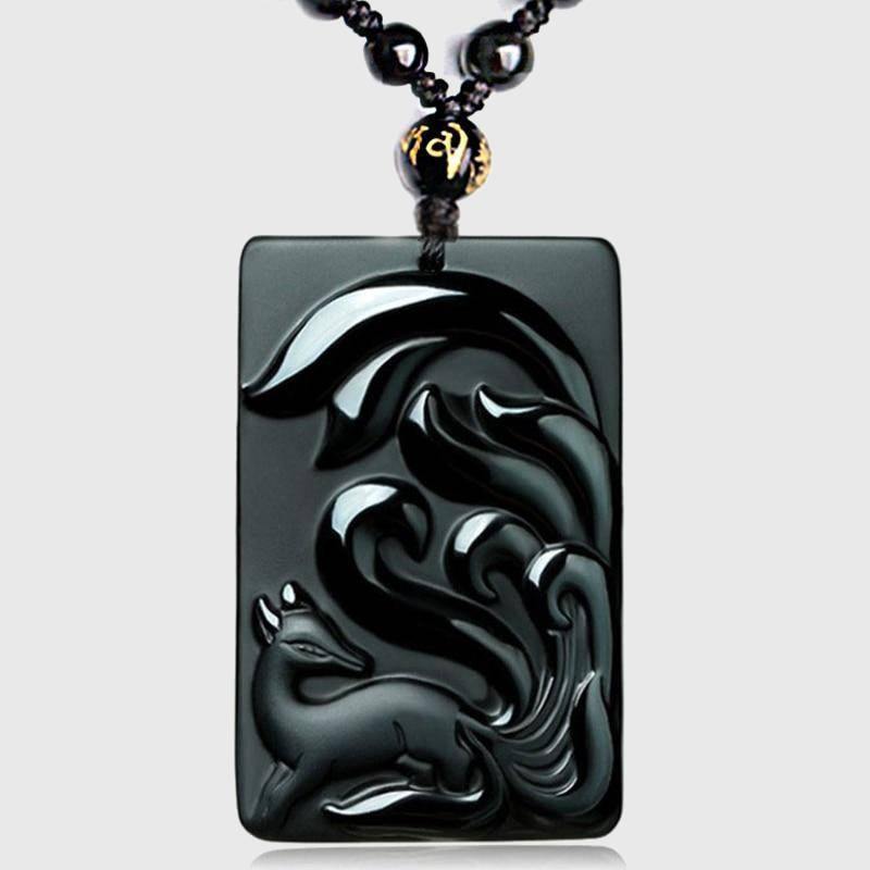 Carved Black Obsidian Nine-Tailed Fox Necklace - Wyvern's Hoard
