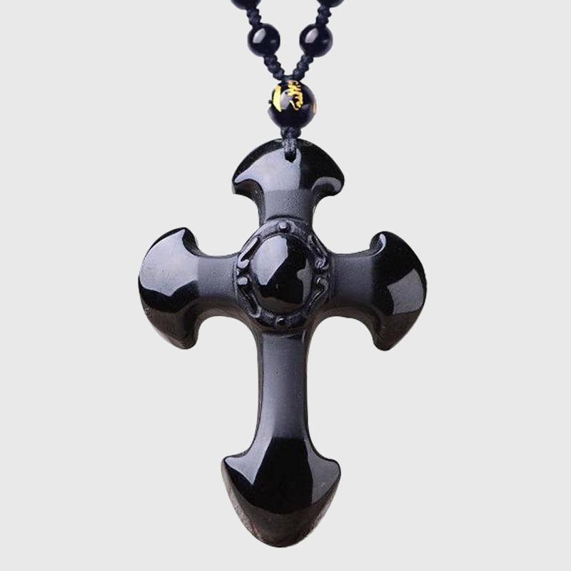Carved Obsidian Cross Necklace - Wyvern's Hoard