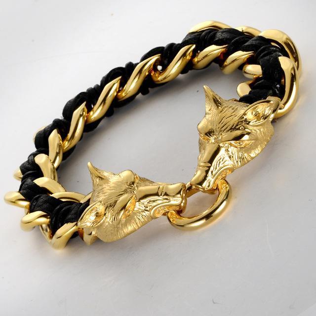 Fanduco Bracelets Black & Gold Plated Twin Wolves Leather Chain Bracelet