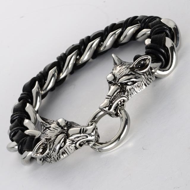 Fanduco Bracelets Black & Silver Twin Wolves Leather Chain Bracelet