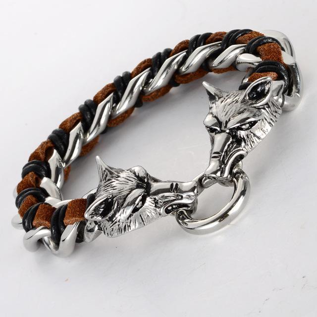 Fanduco Bracelets Brown & Silver Twin Wolves Leather Chain Bracelet