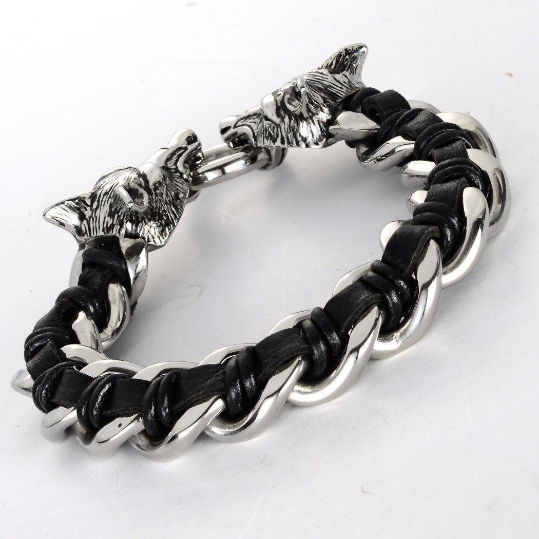 Fanduco Bracelets Twin Wolves Leather Chain Bracelet