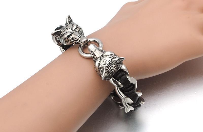 Fanduco Bracelets Twin Wolves Leather Chain Bracelet